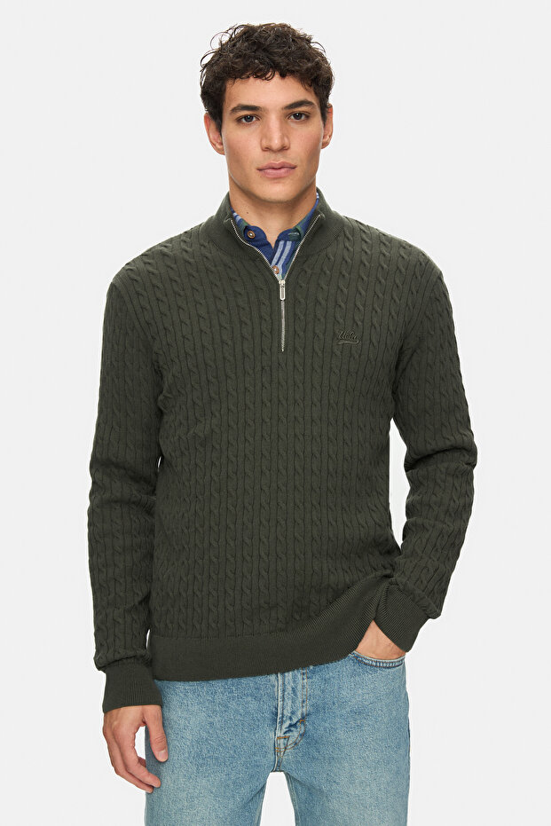 Palvin Khaki Half Zipper 100% Cotton Embroidered Standard Fit Men's Knitwear
