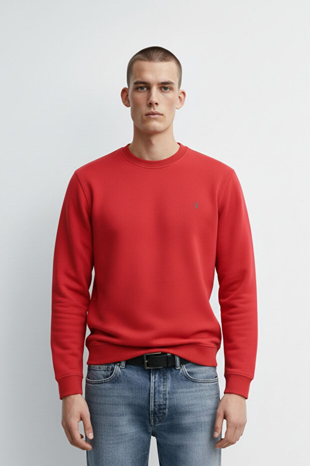 سويت شيرت رجالي ذو ياقة دائرية باللون الأحمر الأساسي - 3