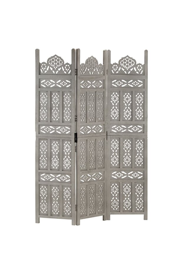 Hand carved 3-Panel Room Divider Grey 120x165 cm Solid Mango Wood