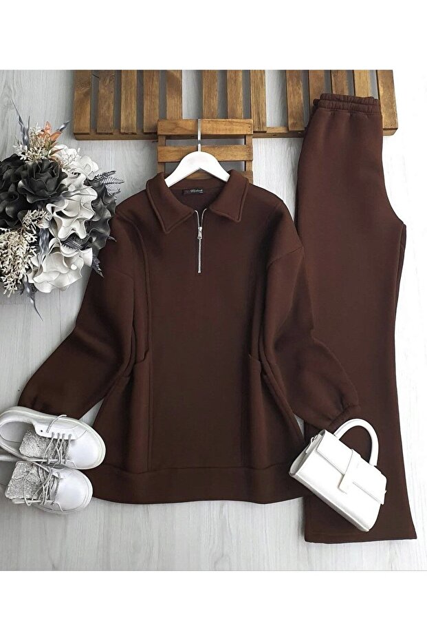 Three-Thread Half-Zipper Detailed 2-Piece Set