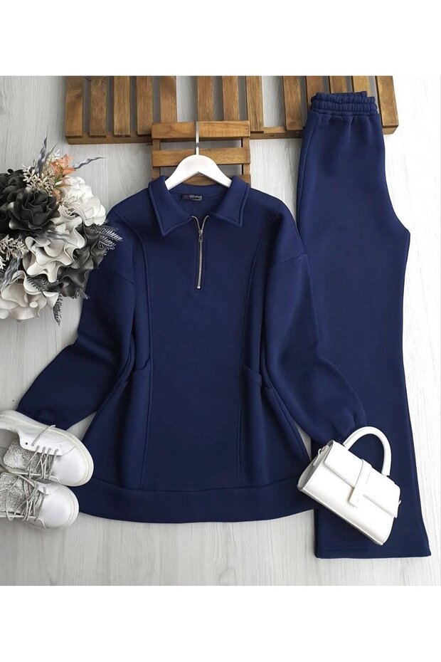 Three-Thread Half-Zipper Detailed 2-Piece Set