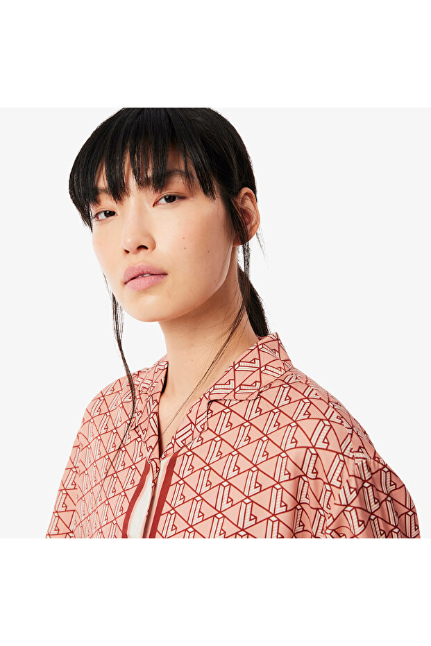 Kadın Oversize Fit Kısa Kollu Monogram Bej Gömlek - 2