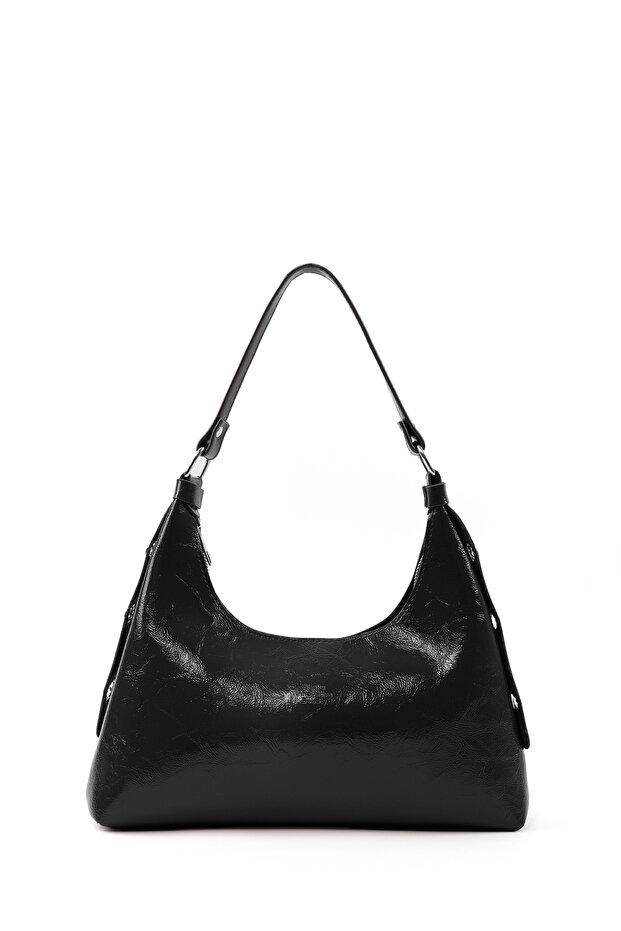 Crinkled Textured Black Shk82 Baguette Model Single Compartment Women's Faux Leather Hand and Shoulder Bag