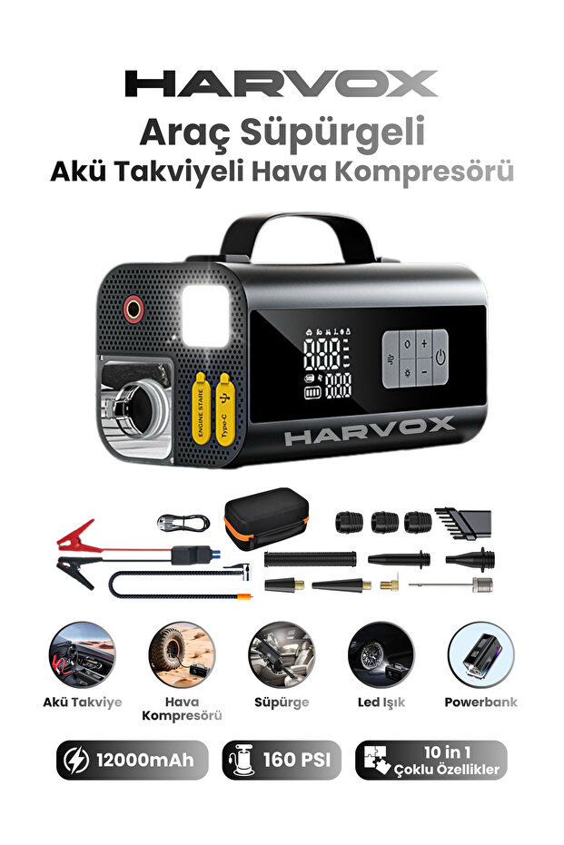 HARVOX Araç Süpürgeli Akü Takviyeli Hava Kompresörü Şarjlı Powerbankli Göstergeli Araç Lastik Şişirme