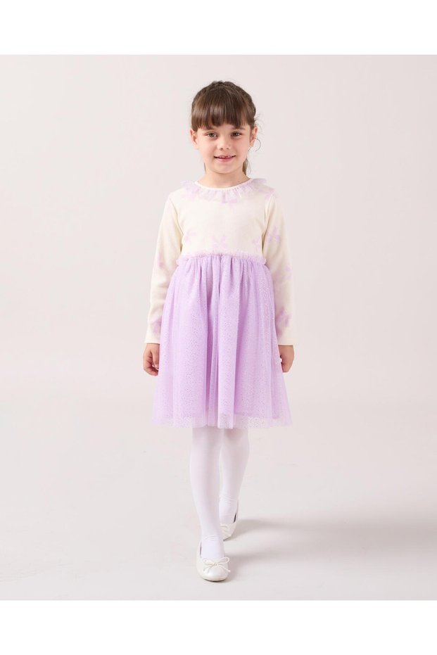 Girl's Cotton Ecru Lilac Star Patterned Tulle Skirt Dress Set - Long Sleeve