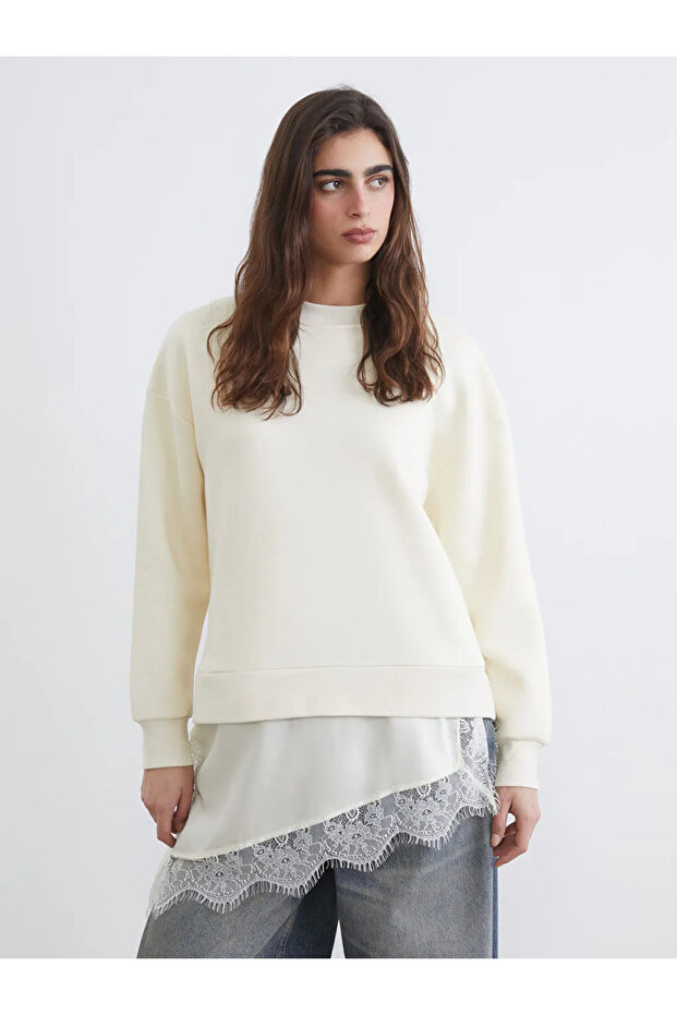Lcw Vision Beige Lace Detailed Oversized Women's Thick Sweatshirt