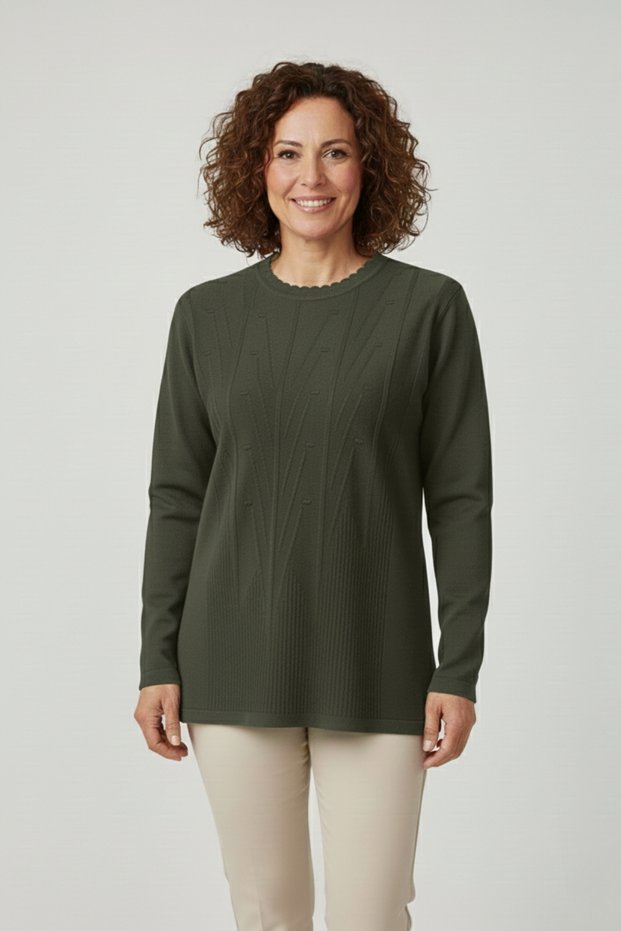 Women's Khaki Crew Neck Seasonal Knitwear Cold Yarn Young Mother Sweater