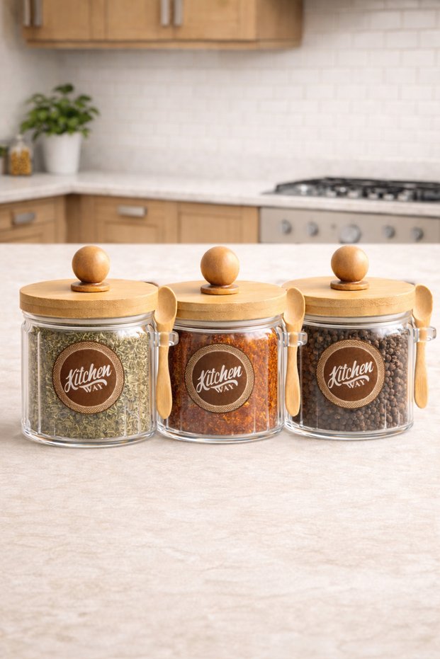 Striped 3-Piece Glass Jar with Bamboo Lid and Spoon 400ml Natural Wooden Lid Storage Jar Set Kw-756
