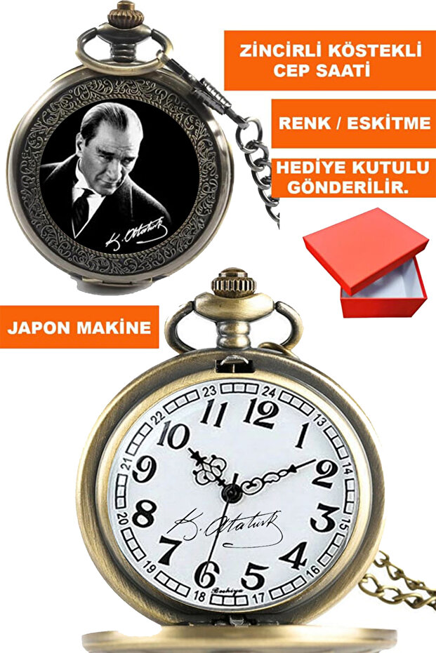 Kemal Ataturk Visual and Signed Silver Color Chain Fob Pocket Watch Acs-B4