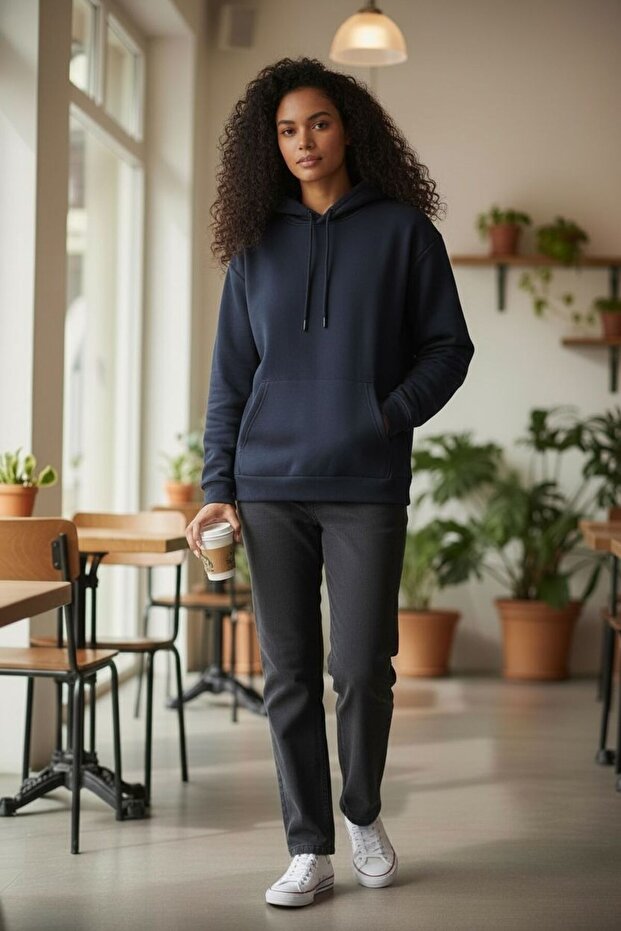 Lacivert Kapüşonlu Basic Oversize Sweatshirt - 1