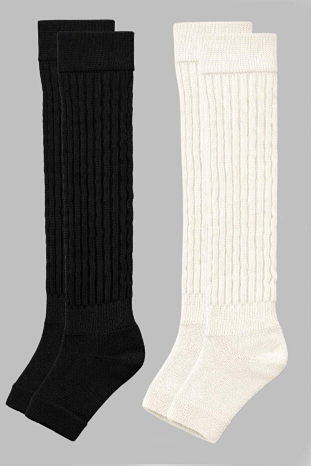 2 Pairs of Fingerless, Thick Ribbed, Above-Knee Leggings with Cotton Content