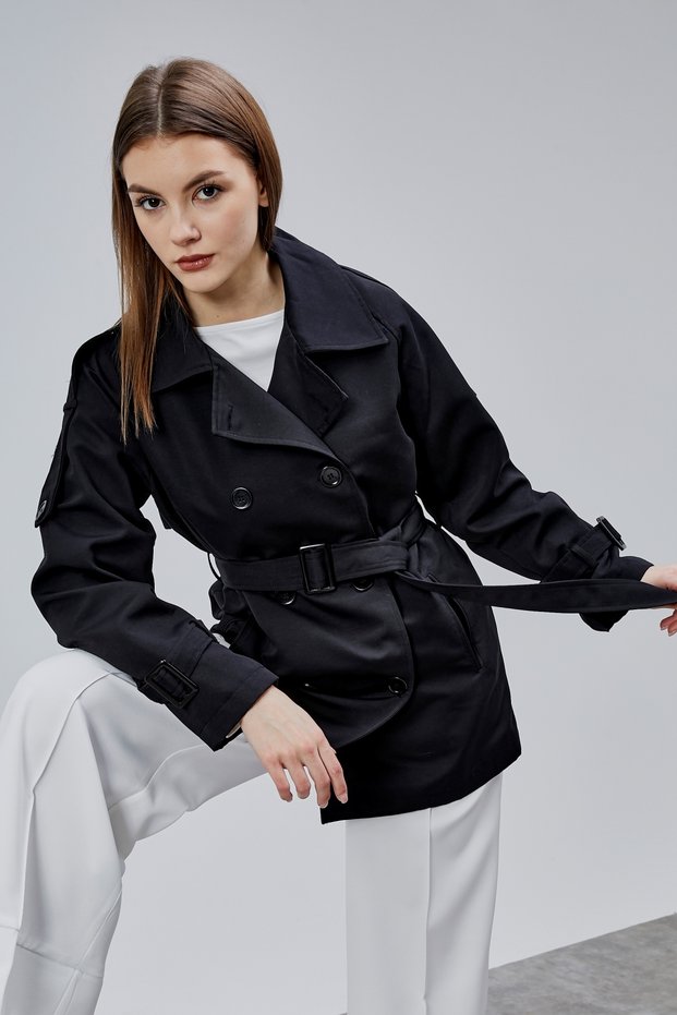 Black Premium Regular Fit Trench Coat with Epaulettes and Windbreaker Detail Belted Trench Coat