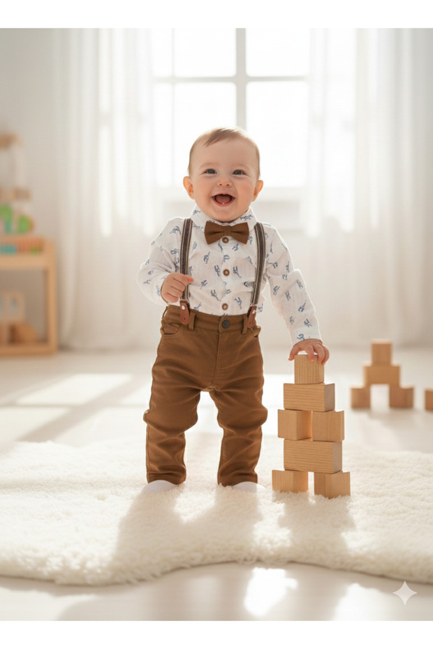 Baby Boy Snap-On Shirt-Pants-Bow Tie-Suspender Set, 4-Piece Baby Gift (1 Size Larger Is Recommended)