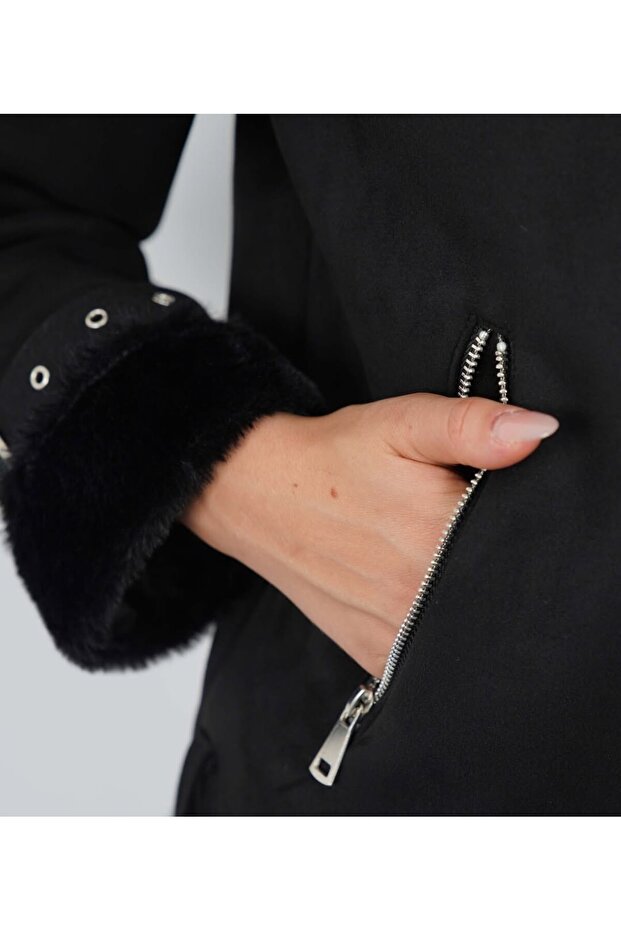 Kürklü Süet Biker Ceket - 4