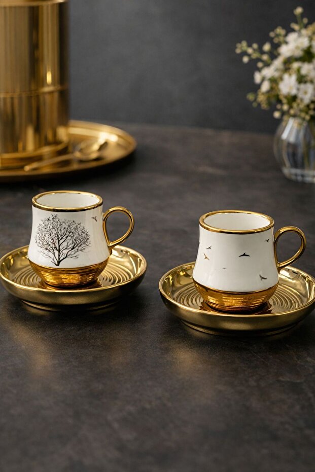 2-Person Porcelain Gold Detailed Gilded Coffee Cup Set