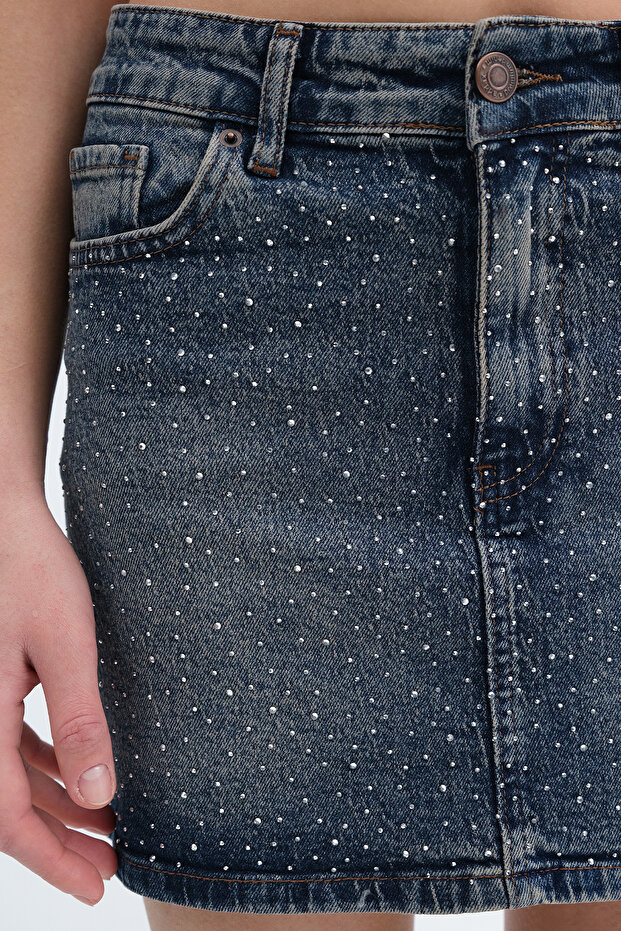 Taşlı Denim Mini Etek E1006 - 3