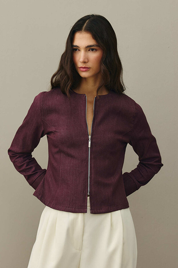 Fermuarlı Denim Üst Bordo - 7