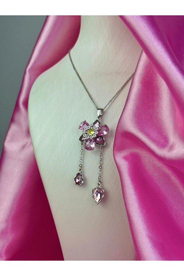 çelik,taşlı çiçek kolye - 1