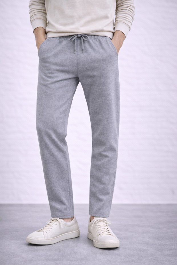 Men's Gray Melange Urban Style Fleece-Lined Three Yarn Regular Fit Straight Leg Tracksuit