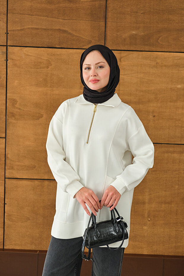 Women's Pocket and Collar Detail Half Zipper Sweatshirt White