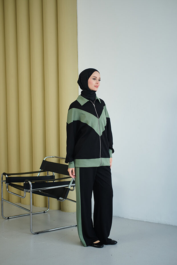 Women's Double Color Detail Two-Piece Suit Green