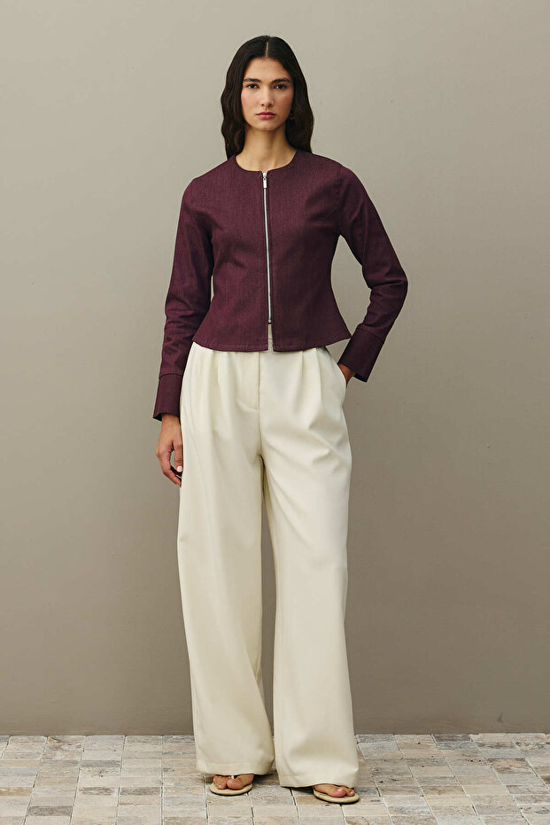 Fermuarlı Denim Üst Bordo - 1