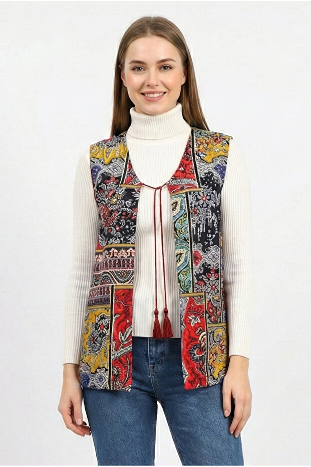 Sleeveless Tuğba Double-Sided Authentic Short Flannel Winter Vest Burgundy Brd