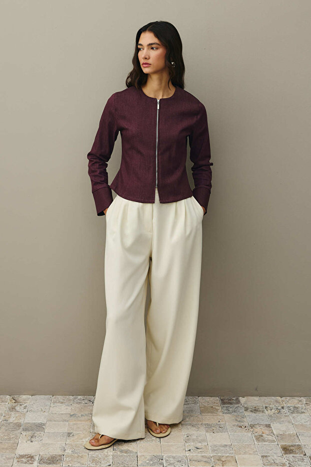 Fermuarlı Denim Üst Bordo - 3