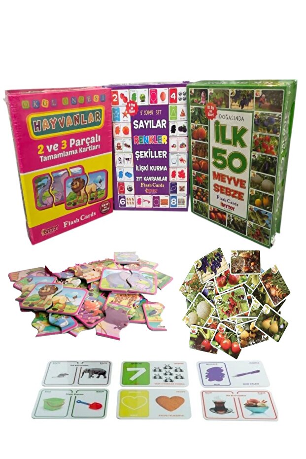 Preschool Educational Set of 3 – Animals, Concepts, and Fruit-Vegetable Cards | 3+