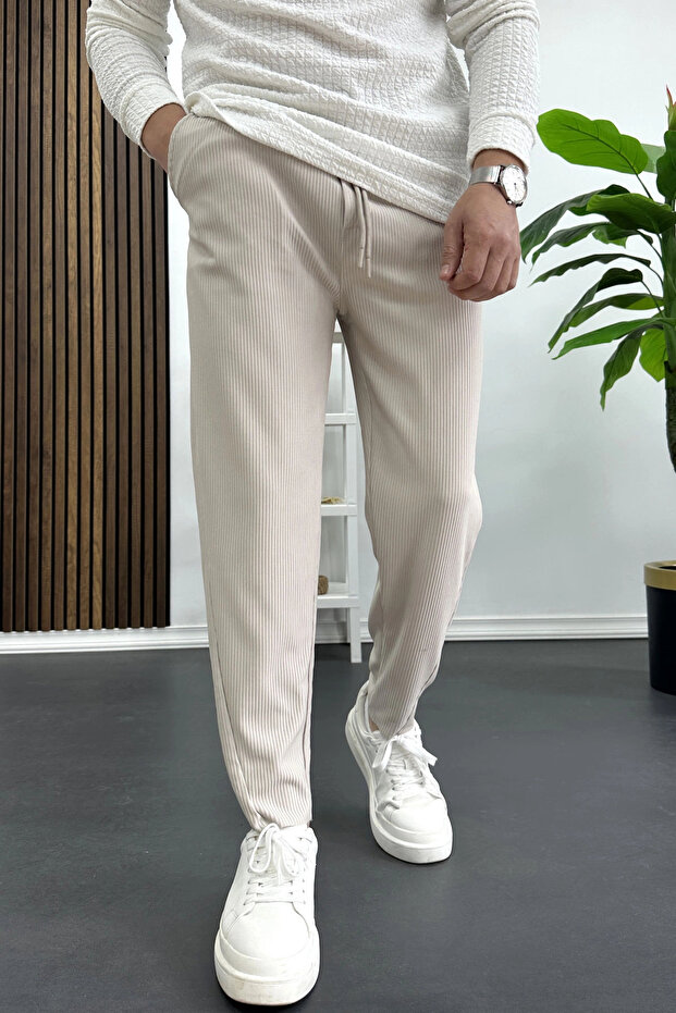 Men's Asymmetrical Cut Tapered Leg Trousers Cream Edw437
