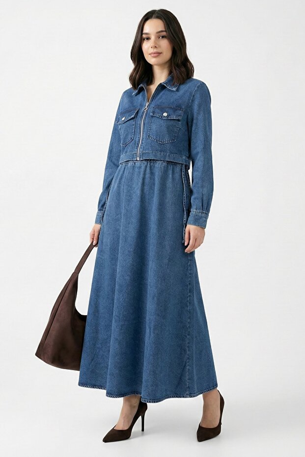 Blue Denim Set with Pocketed Bolero Dress