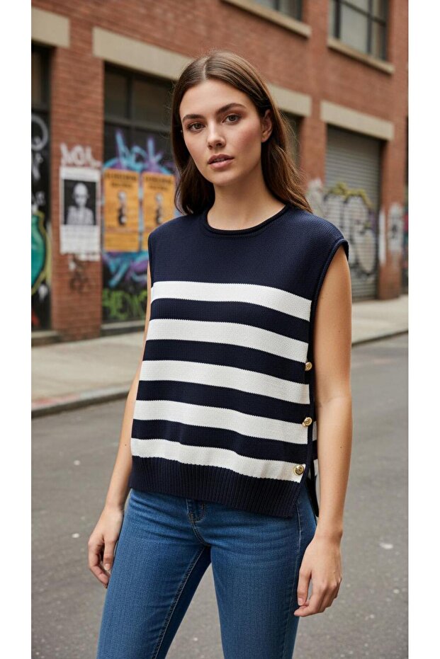 Striped Women's Sweater with Side Button Detail