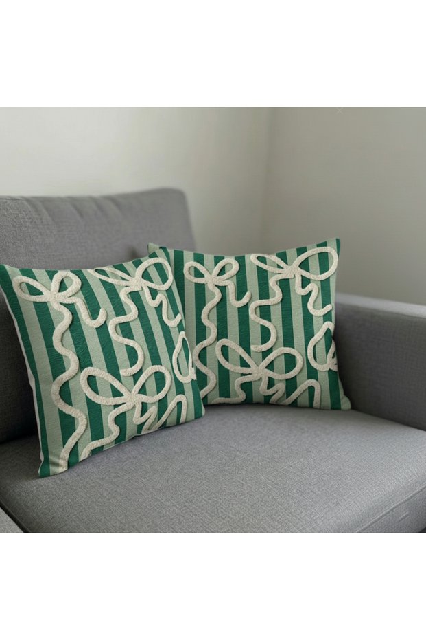Punch Embroidery Pattern Green Colored Bow Pattern Digital Printed Luxury Velvet 2-Piece Throw Pillow Case