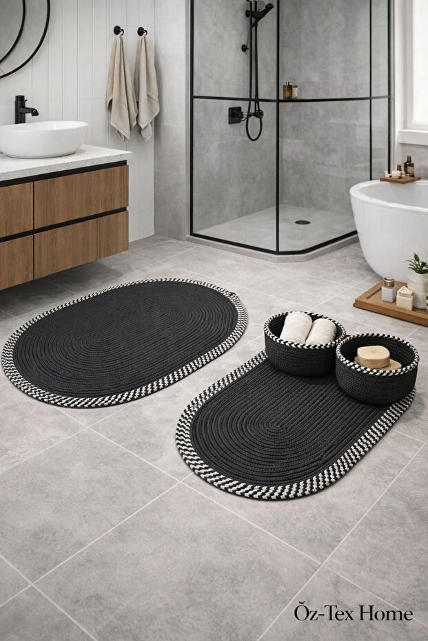 Wicker Jute Wicker Large Size 4-Piece Bathroom Set, Bathroom Mat Set, Bathroom Basket, Mat, Basket Set