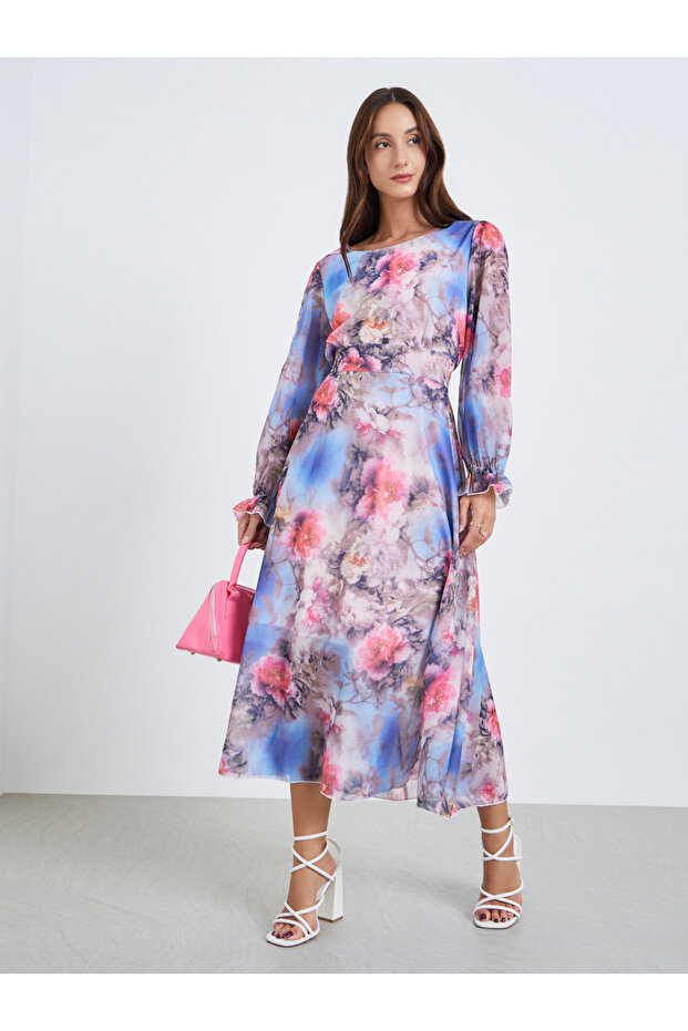 Women Floral Printed Round Neck Elastic Cuff Midi Dress