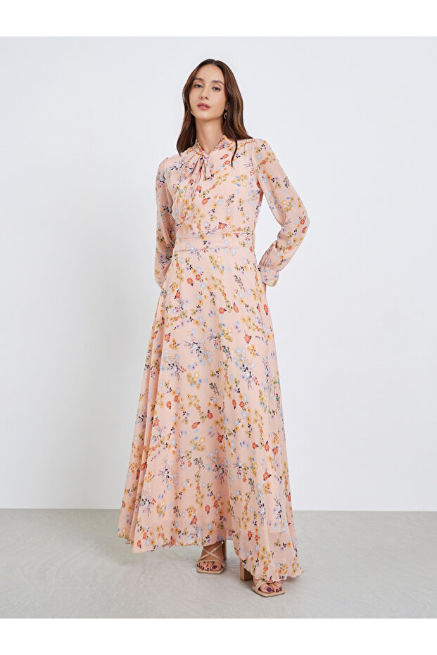 Women Floral Printed Tie-up Neck Elastic Cuff Maxi Dress