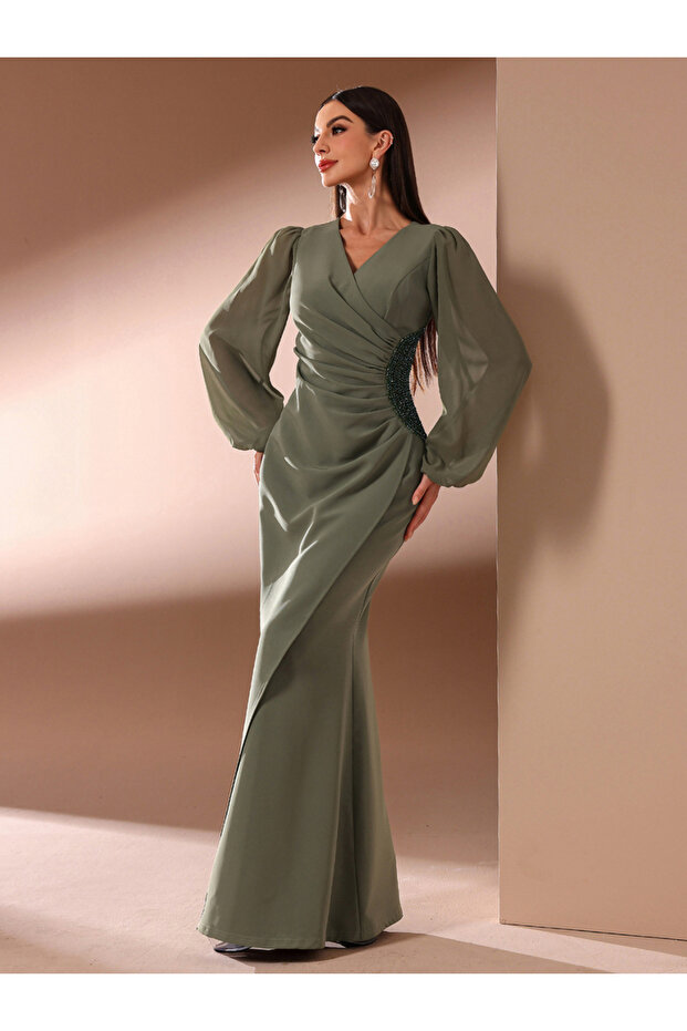 Women Ruched Embellished Mermaid Hem Maxi Dress