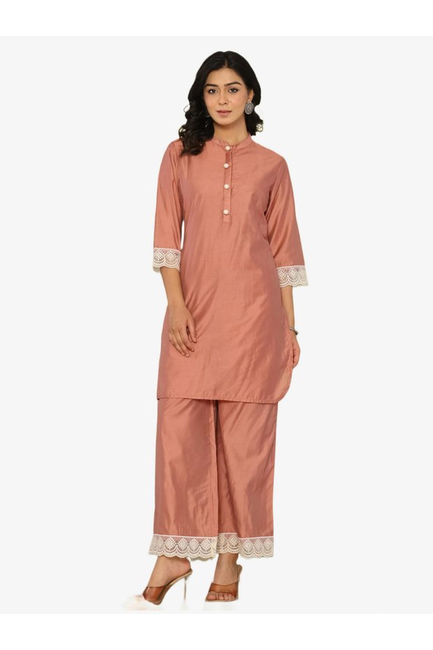 Women Brown Lace Trim Tunic and Pants Co-Ords