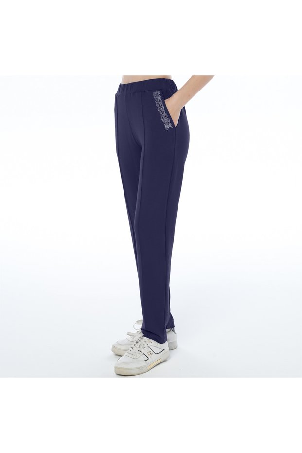 Women's Navy Blue Color Pocket Stone Printed Front Seam Trousers (with Plus Size Option)