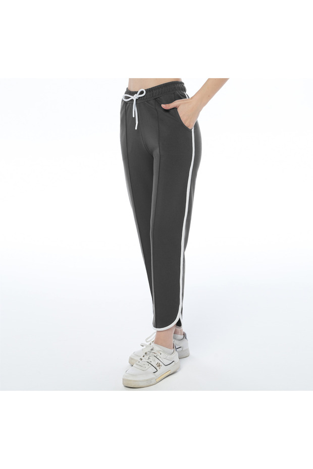 Women's Anthracite Color Slit Long Pants with Front Çima Stitching Piped (with Plus Size Option)
