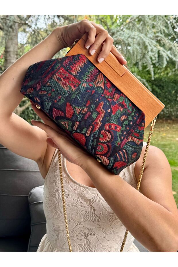 Penalope Collection - Chain, Wooden Buckle Fabric Bag, Clutch Bag, Handbag, Bag