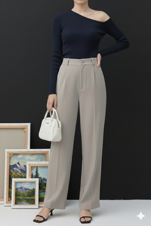 Women's Wide Leg Button Detailed High Waist Fabric Wide Leg Pants (Calemore)
