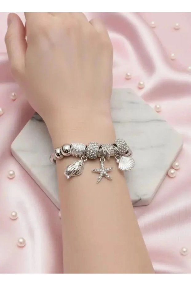 316L Tarnish Resistant Steel Adjustable Zircon Stone Silver Color Oyster Charm Bracelet