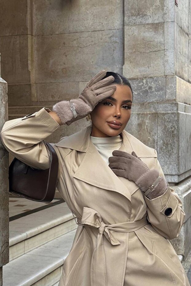 Fur-Detail Belted Soft Stylish Plush Gloves