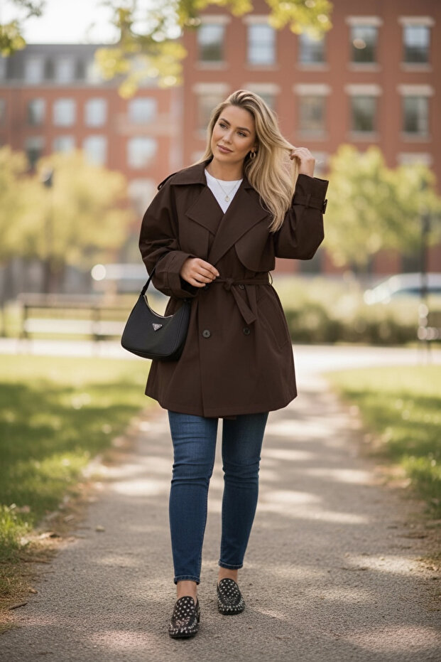 Women's Brown Oversized Comfortable Fit Buttoned Belted Trench Coat