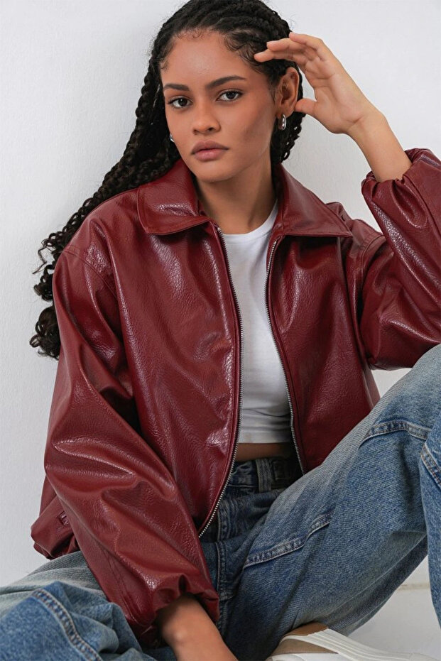 قصة فضفاضة سترة من الجلد الصناعي 1049 - بلاط - 3