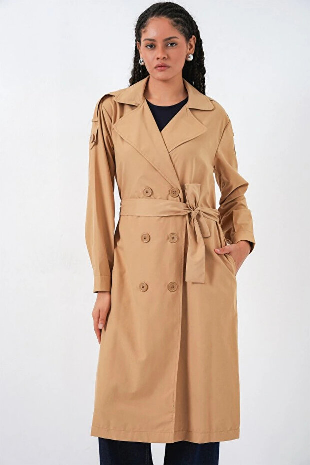 بأزرار على الجهتين معطف طويل بياقة 5978 - أسمر ضارب للصفرة - 1