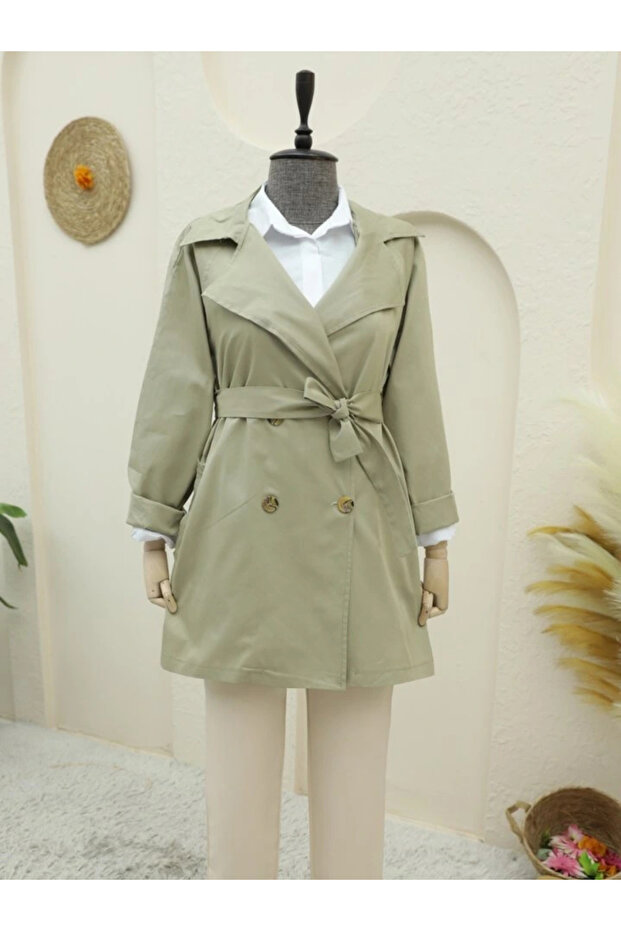 معطف بوليرو مزين بأزرار متوسطة الطول - حجري - 1