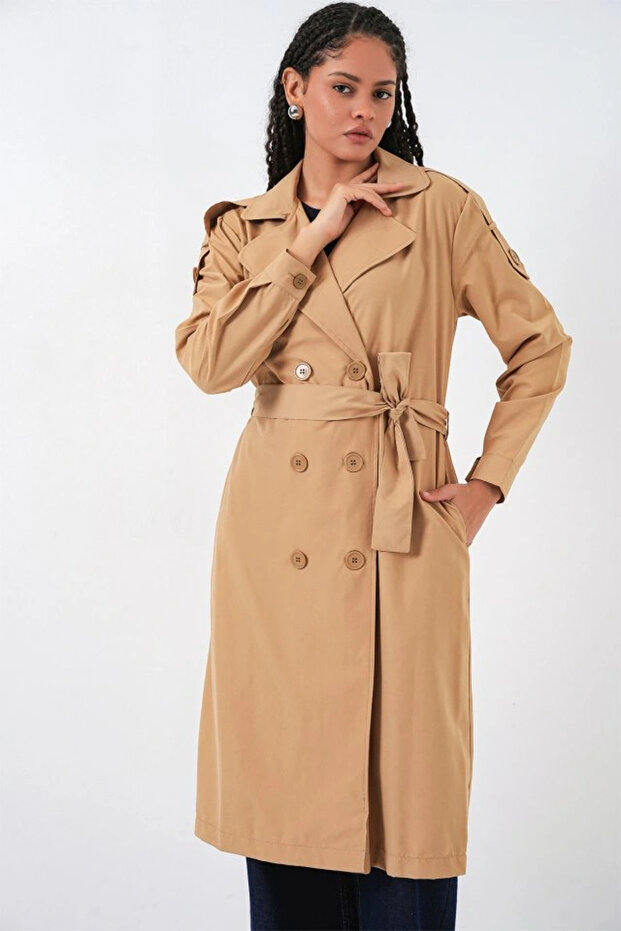 بأزرار على الجهتين معطف طويل بياقة 5978 - أسمر ضارب للصفرة - 3