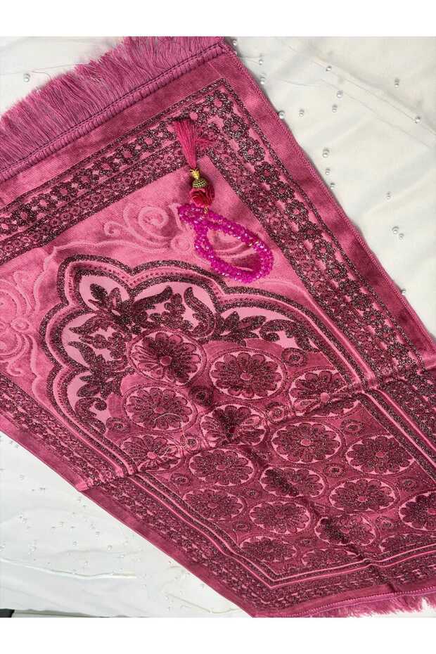 Silvery Luxury Velvet Prayer Rug Dowry Prayer Rug with Prayer Beads as a Gift